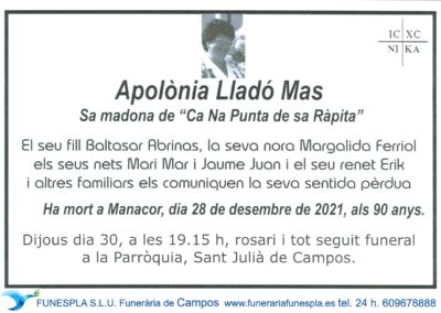 Apòlonia Lladó Mas 28-12-2021